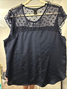 Ann Taylor Navy Polka Dot Mesh Yoke Sleeveless Blouse